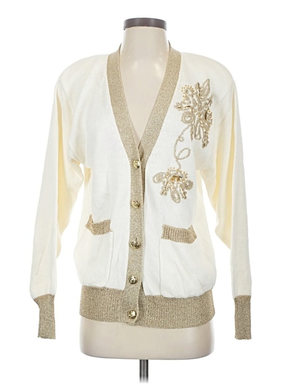 Suzelle White cardigan embellished with gold. Wool blend Size Small - Picture 1 of 5